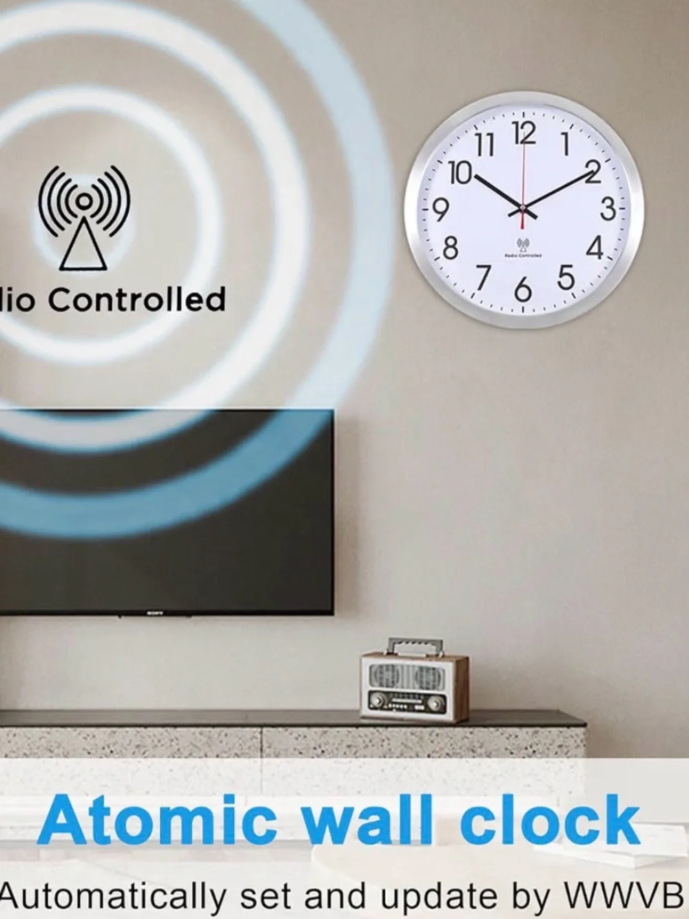 Atomic Analog Wall Clock, 14Inch Radio Controlled Sets 14 Inch White